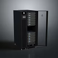 Black Modern Server Rack With Open Door Revealing Internal Server Units For Data Storage
