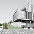 Modern Glass Office Building with Surrounding Greenery Public Square and Pedestrian Areas