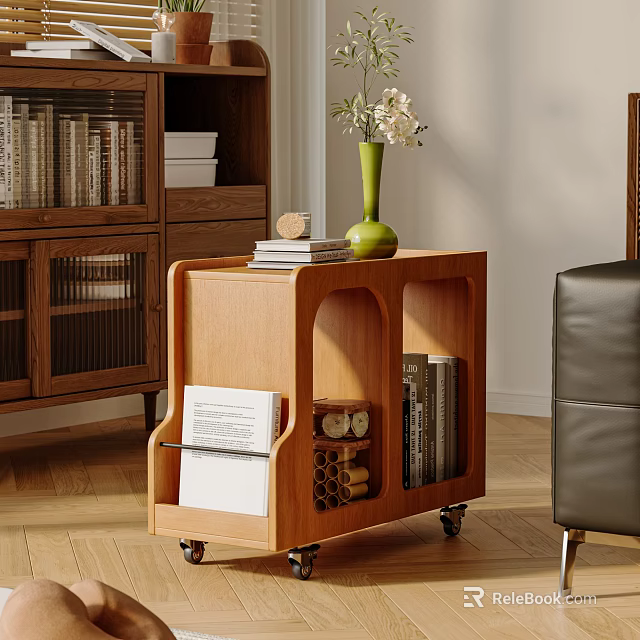 Living Room Interior With Wooden Cart Bookshelf Green Vase Books Leather Sofa And Wooden Floor 3d model 