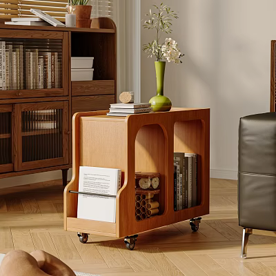 Living Room Interior With Wooden Cart Bookshelf Green Vase Books Leather Sofa And Wooden Floor 3d model