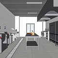 Commercial Restaurant Kitchen Equipped With Stainless Steel Worktables Equipment White Tile Walls And Ventilation System