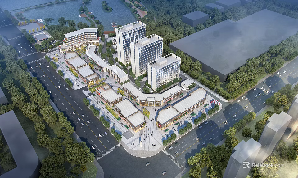 Commercial Street With Modern Multi Story Shops Buildings Lush Greenery Surrounding Roads And Nearby Lake 3d model 