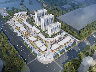 Commercial Street With Modern Multi Story Shops Buildings Lush Greenery Surrounding Roads And Nearby Lake 3d model