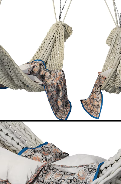 Cream Colored Knitted Hammock With Blue Trim And Patterned Blanket Hanging By Chains 3d model