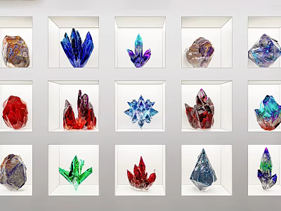 Colorful Gemstone Crystal Ornament Set With Display Frames And Various Shapes For Home Decor 3d model