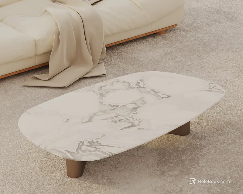 Modern Beige Sofa and Coffee Table Set with Blanket Draped Oval Marble and Metal Legs 3d model 
