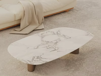 Modern Beige Sofa and Coffee Table Set with Blanket Draped Oval Marble and Metal Legs 3d model