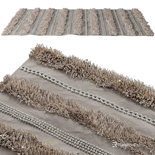 Gray Square Rug With Modern Fringed Woven Texture And Decorative Design Elements 3d model 