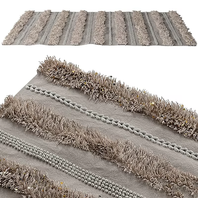 Gray Square Rug With Modern Fringed Woven Texture And Decorative Design Elements 3d model