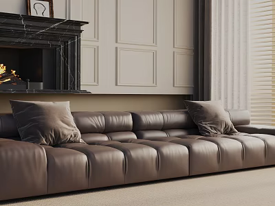 Brown Leather Three Seater Sofa With Plush Cushions And Fireplace Background 3d model
