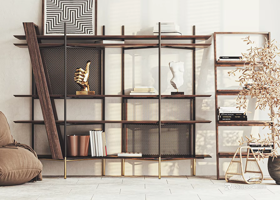Modern Wooden Bookcase With Metal Frame Sculptures Books And Potted Plant 3d model 