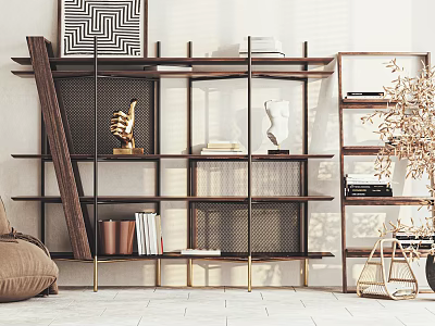 Modern Wooden Bookcase With Metal Frame Sculptures Books And Potted Plant 3d model