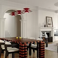 Elegant Modern Living And Dining Room Interior With Blue Sofa Round Coffee Table Red Painting