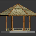 Traditional Wooden Hexagonal Pavilion with Sloped Roof Pillars and Benches on Gray Concrete Base