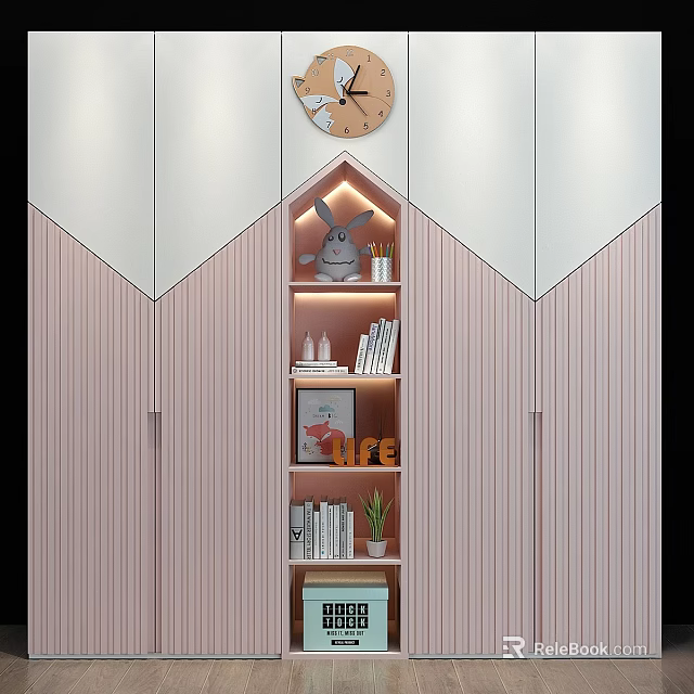 Modern Wardrobe Interior Design With Open Shelves Books Decorative Rabbit And Plants 3d model 