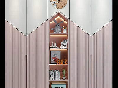 Modern Wardrobe Interior Design With Open Shelves Books Decorative Rabbit And Plants 3d model