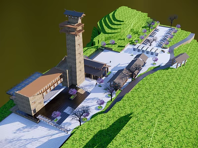 Scenic Visitor Center with Tower Green Hillside and Lush Trees 3d model