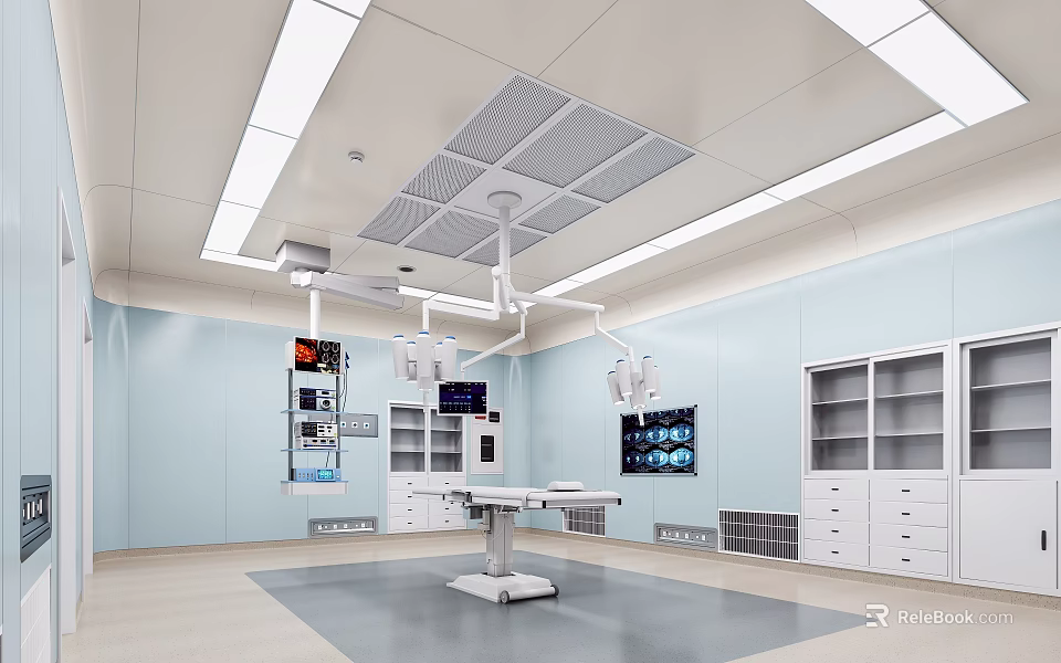 Modern Hospital Outpatient Operating Room With Surgical Lights Operating Table Monitors And Light Blue Walls 3d model 