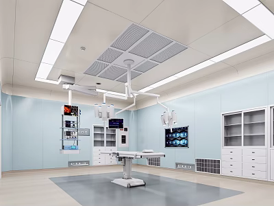 Modern Hospital Outpatient Operating Room With Surgical Lights Operating Table Monitors And Light Blue Walls 3d model