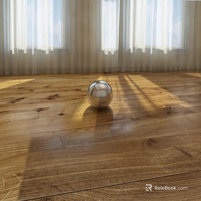 Shiny Natural Hardwood Floor with Wood Grain and Metal Sphere Sunlight Shadows Through Window Curtains 3d model 