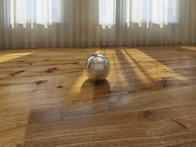 Shiny Natural Hardwood Floor with Wood Grain and Metal Sphere Sunlight Shadows Through Window Curtains 3d model