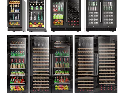 Modern Glass Door Refrigerators and Freezers Displaying Beverages Fruits and Wine Bottles 3d model