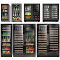Modern Glass Door Refrigerators and Freezers Displaying Beverages Fruits and Wine Bottles