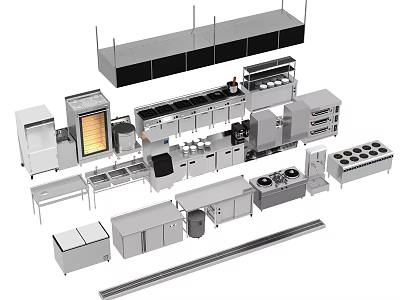 Commercial Kitchen Stainless Steel Appliances Including Oven Refrigerator Workbench And Shelving 3d model