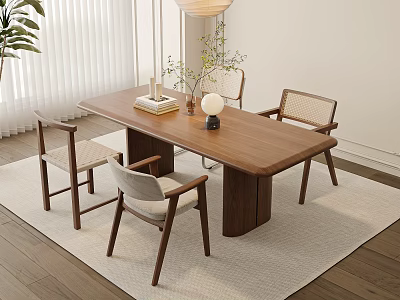 Wooden Dining Table Set with Four Chairs Books Vase Lamp Window Plant and Pendant Light 3d model