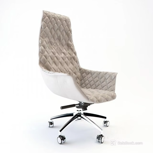 Modern Office Chair With Quilted Beige Upholstery White Frame And Rolling Wheels 3d model 