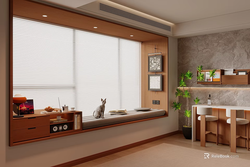 Cozy Wooden Bay Window Seat With Cat Blinds Decorative Frames And Green Plant 3d model 