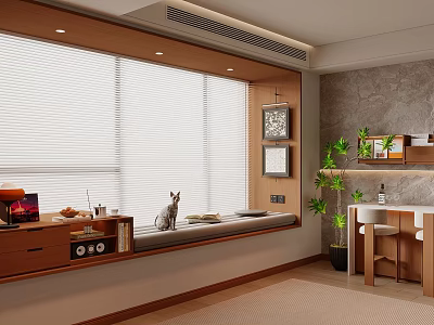Cozy Wooden Bay Window Seat With Cat Blinds Decorative Frames And Green Plant 3d model