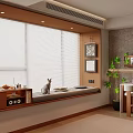 Cozy Wooden Bay Window Seat With Cat Blinds Decorative Frames And Green Plant