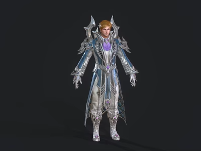 Game Movie Character Fantasy Warrior With Elaborate Silver Blue Armor Spiked Shoulders Purple Lining 3d model
