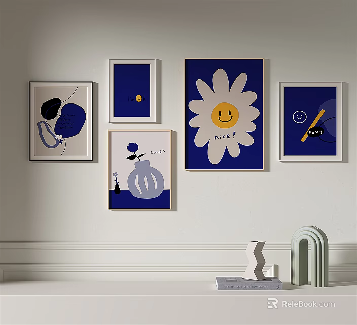 Modern Wall Art Display with Smiley Flower Paintings and Geometric Decor Items 3d model