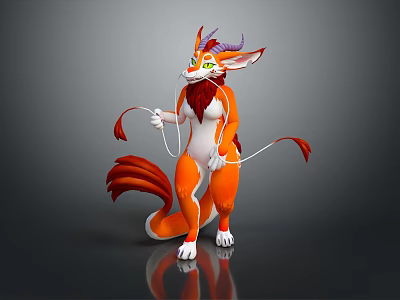 Game Movie Fantasy Character Orange Horned Long Tailed With White Fur Green Eyes Holding Ropes 3d model
