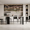 Modern Restaurant Interior With Long Dining Table Black Chairs Glass Display Cabinet Bookshelves And Decorations