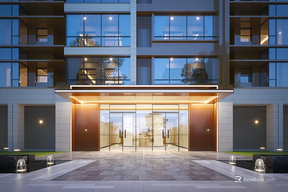 Modern Apartment Main Entrance Gate With Glass Doors Stone Pavement And Outdoor Lighting 3d model 