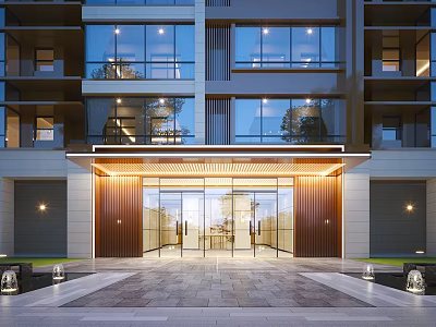 Modern Apartment Main Entrance Gate With Glass Doors Stone Pavement And Outdoor Lighting 3d model