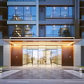Modern Apartment Main Entrance Gate With Glass Doors Stone Pavement And Outdoor Lighting