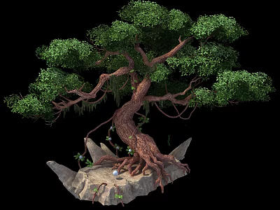 Ancient Arbor With Thick Twisted Trunk Exposed Roots And Lush Green Leaves On Rocky Base 3d model