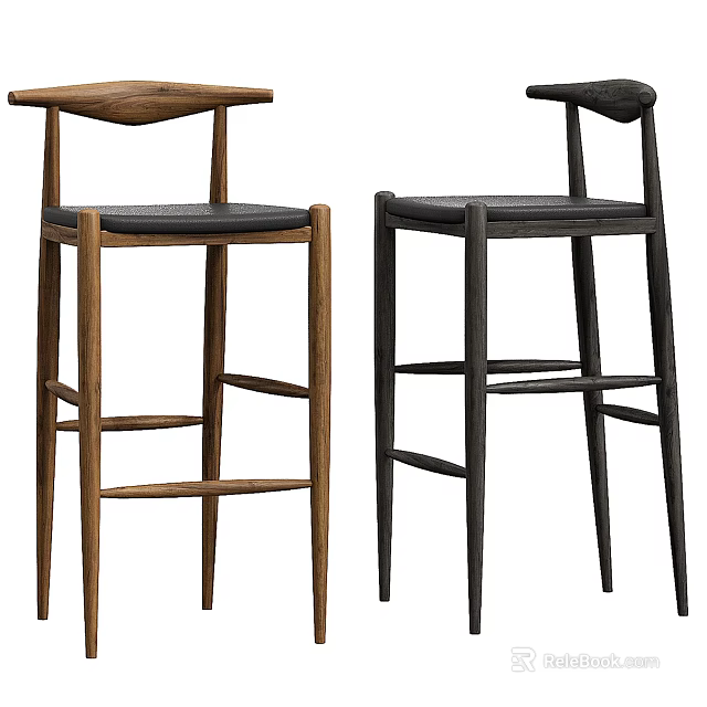 Modern Minimalist Bar Stools With Wooden Frame Leather Seat Two Tone Design Sturdy Legs 3d model 
