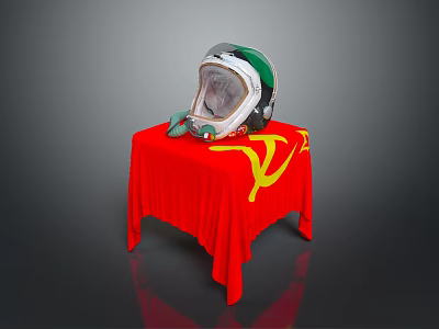White and Green Helmet with Transparent Visor on Red Tablecloth with Yellow Hammer Sickle Symbol 3d model