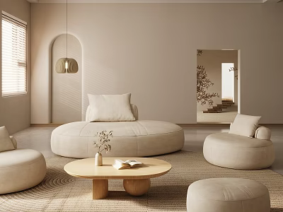 Modern Neutral Living Room Interior With Circular Sofa Round Coffee Table Pendant Light And Ottoman 3d model