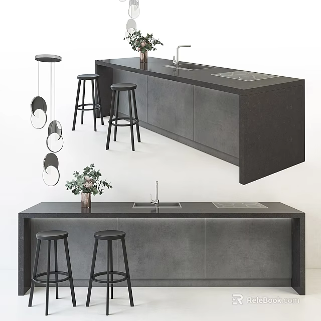 Sleek Dark Modern Bar Counter With Black Stools Pendant Lights And Flower Decorations 3d model 