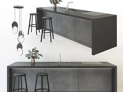 Sleek Dark Modern Bar Counter With Black Stools Pendant Lights And Flower Decorations 3d model