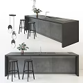 Sleek Dark Modern Bar Counter With Black Stools Pendant Lights And Flower Decorations