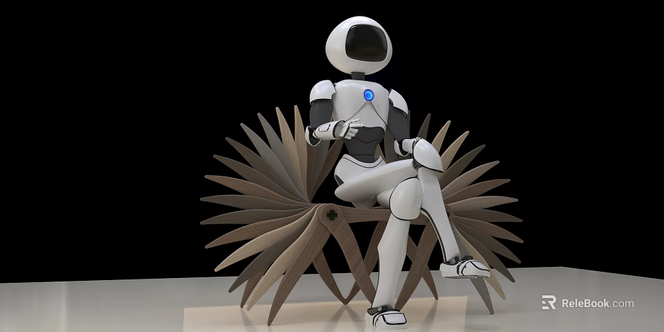 Smart Robot Sitting On Unique Fan Shaped Chair With White Body And Blue Light 3d model 
