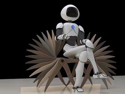 Smart Robot Sitting On Unique Fan Shaped Chair With White Body And Blue Light 3d model