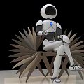 Smart Robot Sitting On Unique Fan Shaped Chair With White Body And Blue Light